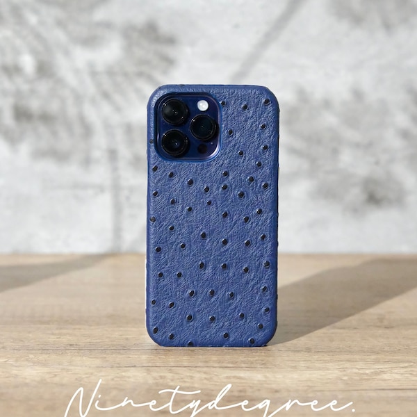 Funda de piel vegana con estampado de avestruz azul oscuro para iPhone 17, 16, 15, 14, 13, 12 y 11 Pro, iPhone 12, iPhone XR, iPhone XS Max, iPhone 7/8Plus