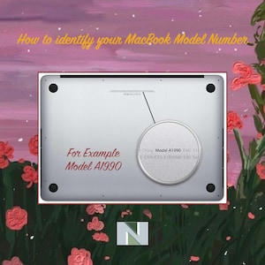 May include: Close-up of the underside of a silver MacBook laptop. The model number, A1990, is printed on the bottom of the laptop. The text "For Example" is written in black text above the model number.