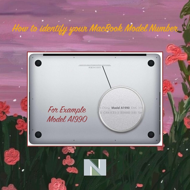 May include: Close-up of the underside of a silver MacBook laptop. The model number, A1990, is printed on the bottom of the laptop. The text "For Example" is written in black text above the model number.