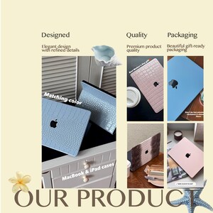 May include: A collection of MacBook and iPad cases featuring various textures and colours, including light blue crocodile-embossed, solid light blue, pink crocodile-embossed, gradient brown, and solid pink finishes, all displaying the Apple logo.