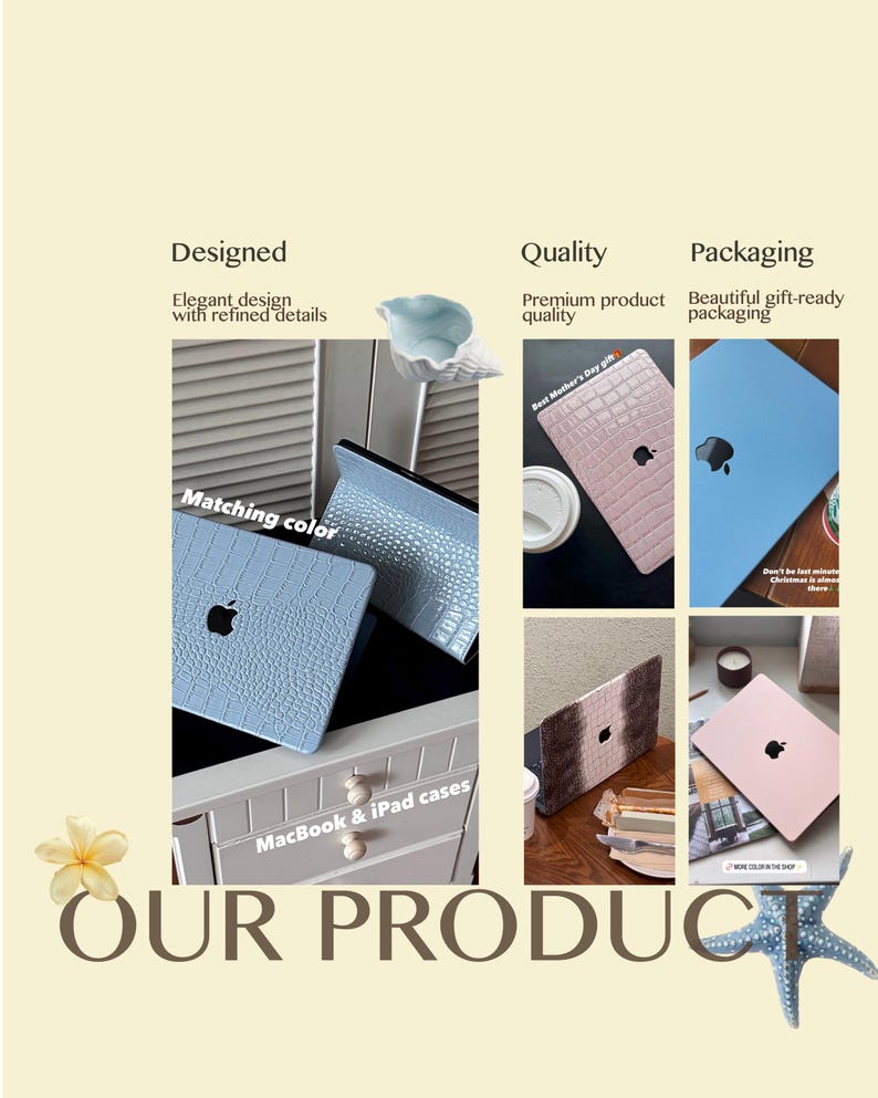May include: A collection of MacBook and iPad cases featuring various textures and colours, including light blue crocodile-embossed, solid light blue, pink crocodile-embossed, gradient brown, and solid pink finishes, all displaying the Apple logo.