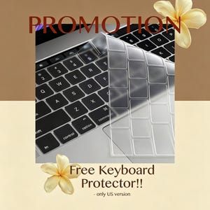 May include: A transparent silicone keyboard cover skin designed for a laptop, shown partially lifted above a black keyboard with white lettering. The image includes the text PROMOTION and Free Keyboard Protector!! - only US version.