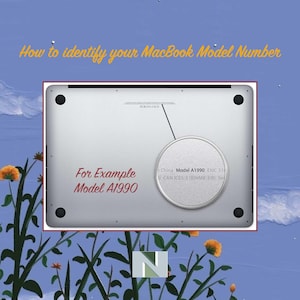 May include: A silver laptop base showing the underside with four black circular feet. A circular magnifying graphic highlights the text Model A1990. The image includes the text How to identify your MacBook Model Number and For Example Model A1990.