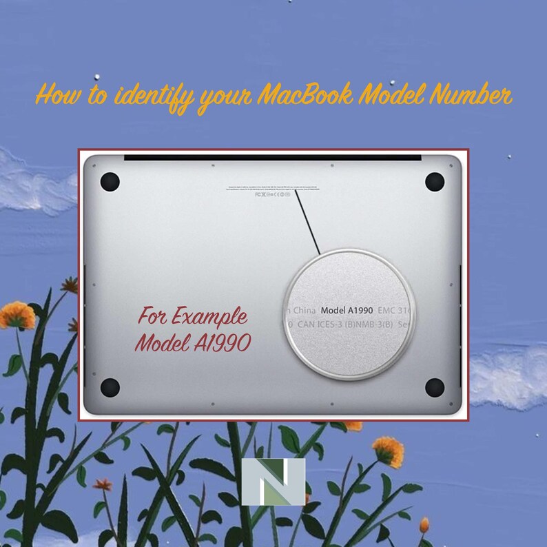 May include: A silver laptop base showing the underside with four black circular feet. A circular magnifying graphic highlights the text Model A1990. The image includes the text How to identify your MacBook Model Number and For Example Model A1990.