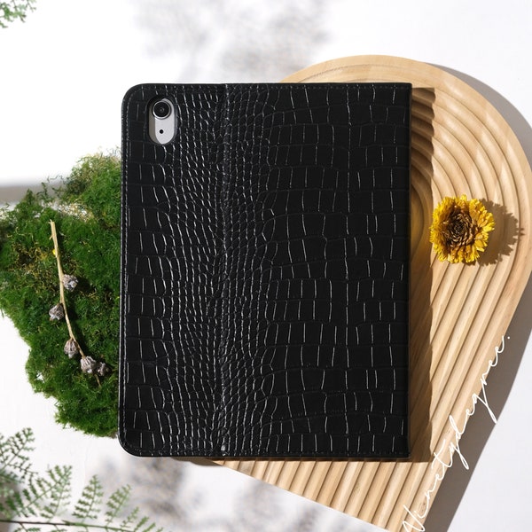 Black crocodile print leather iPad case, iPad Pro 2022/2021, iPad Air 5,4,3,2,1, iPad 2022/2021/2020/2019, iPad 2018/2017, iPad mini6,5,4