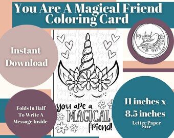 Magical Unicorn Friend Coloring Card | Digital Download | Printable