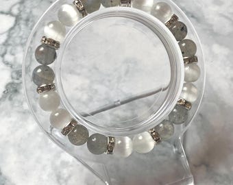 Labradorite Crystal Bracelet, Selenite Bead Bracelet, Grey and White Crystal Bracelet, Grey Moonstone Crystal Jewelry, Labradorite Bracelet