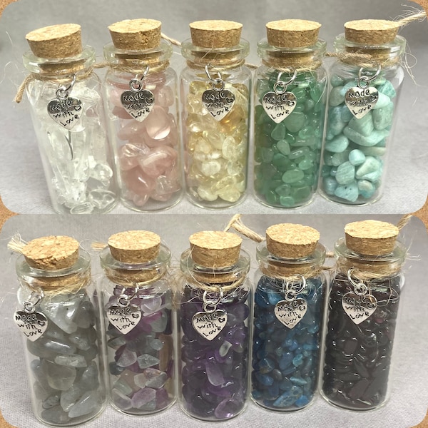 Crystal Wish Bottles, 2-inch, clear quartz, rose quartz, citrine, labradorite, amethyst, garnet, amazonite, blue apatite, green aventurine