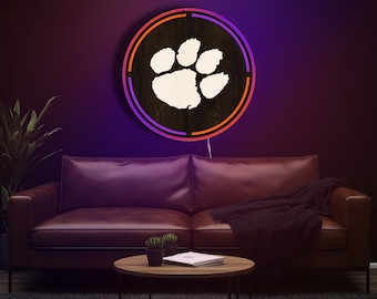 Letrero LED de madera de los Clemson Tigers, decoración circular con luz LED, exhibición deportiva, arte de pared, letrero de madera con el logotipo del tigre, luz de acento morada y naranja, regalo para fanáticos, neón