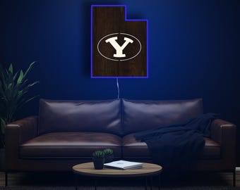 BYU Cougars Wood LED Sign Inside State Wall Decor Dorm Room Accent Lighting Brigham Young University Fan Cave Decoration Display Go Cougs
