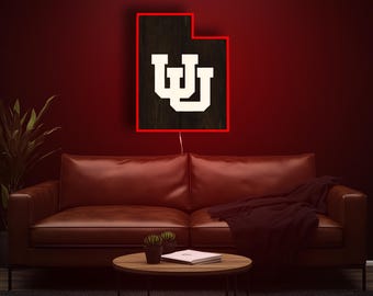 Utah Utes Wood LED Sign Inside State Wall Art Decor For Room Fan Gift Idea Go Utes Decoration Team Display Wood Sign Utah Utes Fan Cave Art
