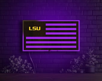 LSU Tigers Wood LED Flag Sign Decor Wall Accent Lighting Design Wood Plaque Bar Decor Fan Cave Ambient Light Purple Glow Night Spirit Geaux