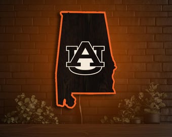 Letrero LED de madera de los Auburn Tigers en el interior del estado, decoración de pared de los Auburn Tigers, arte de madera colgante, cueva de fan de War Eagle de la Universidad de Auburn, decoración de dormitorio, regalo WDE