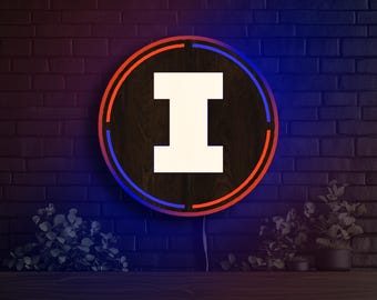 Letrero LED de madera de Illinois Fighting Illini dentro de un círculo, diseño de pared de la Universidad de Illinois, decoración Go Illini, regalo para dormitorio, decoración, arte para el hogar