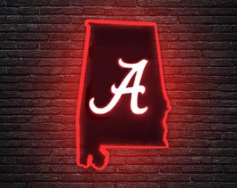 Letrero LED de madera de Alabama Crimson Tide en el interior del letrero deportivo de State College, sala de juegos, exhibición de espíritu de equipo, decoración de cueva de hombre, letrero de madera con acento para bar