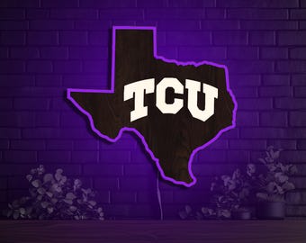 TCU Horned Frogs Inside State Wood LED Sign Man Cave Wall Art University Style Texas Design Light Display Dorm Room Purple LED for Alumni