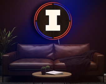 Letrero LED de madera de Illinois Fighting Illini dentro de un círculo Letrero de pared de la Universidad de Illinois Idea de diseño de Fighting Illini Decoración de habitación Arte de pared de madera