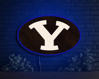 Letrero LED de madera iluminado de BYU Cougars, Universidad Brigham Young, para dormitorio de estudiantes, arte de pared, pantalla de luz, ventilador para sala de juegos, cueva, decoración de pared, BYU