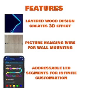 Puede incluir: Un letrero de ne&oacute;n de dise&ntilde;o de madera en capas con una luz de ne&oacute;n azul. El letrero est&aacute; montado en una pared con un sistema de suspensi&oacute;n de alambre. El letrero es personalizable con una aplicaci&oacute;n que permite controlar el color y el brillo de la luz.