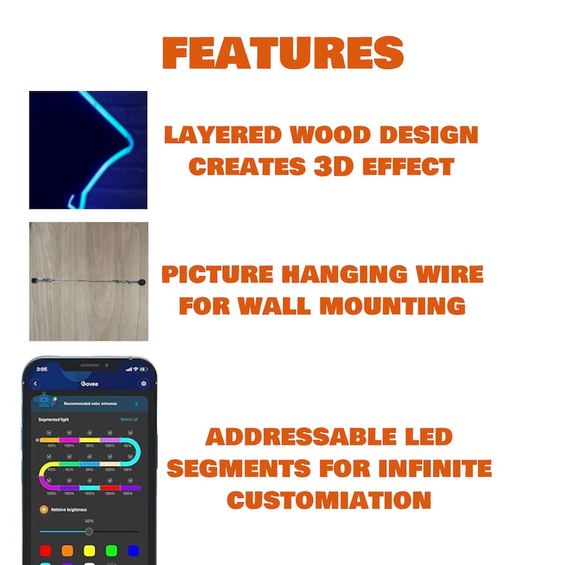 Puede incluir: Un letrero de ne&oacute;n de dise&ntilde;o de madera en capas con una luz de ne&oacute;n azul. El letrero est&aacute; montado en una pared con un sistema de suspensi&oacute;n de alambre. El letrero es personalizable con una aplicaci&oacute;n que permite controlar el color y el brillo de la luz.