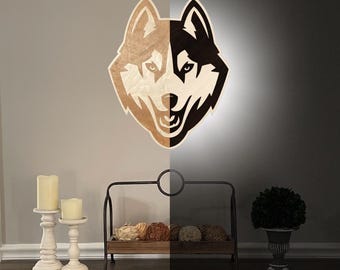 Letrero LED de madera de los UConn Huskies, decoración de pared para la sala de juegos de Connecticut