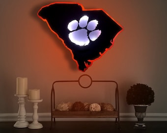 Letrero LED de madera de los Clemson Tigers en el interior, arte de pared con diseño de pata de tigre del estado, decoración para dormitorio de la Universidad de Clemson, regalo de Clemson para la cueva del hombre, regalos de fútbol de Clemson