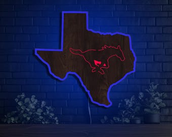 SMU Mustangs Inside State Letrero LED de madera Decoración de madera de Texas Arte de pared Pantalla LED Habitación universitaria SMU Fan Cave Decoración Dormitorio Pony Up College