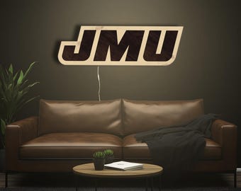 Letrero LED de madera JMU Dukes con acento morado para dormitorio, decoración del hogar con espíritu universitario, regalo de graduación, regalo personalizado, iluminación de pared Dukes