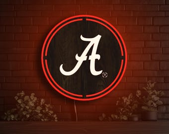 Letrero LED de madera de Alabama Crimson Tide con círculo interior, decoración deportiva de madera, arte de pared para equipos, cueva de hombre, letrero LED para sala de juegos, letrero LED de Crimson Tide Roll Tide