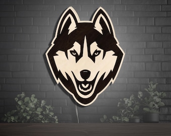 Letrero LED de madera de los UConn Huskies, letrero de neón de madera, decoración de pared para sala de juegos, logotipo del equipo, luminaria para dormitorio universitario de los UConn Huskies