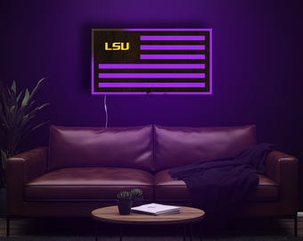 LSU Tigers Wood LED Flag Sign Wall Art Room Decor Fan Cave Lighting Display Dorm Room Accent Light LED Wall Illumination Team Geaux Tigers