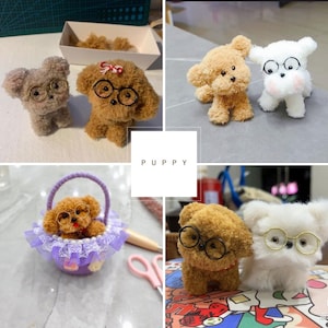 May include: Four handmade yarn poodle puppies wearing glasses. Two brown poodles, one in a purple basket, and one white poodle.