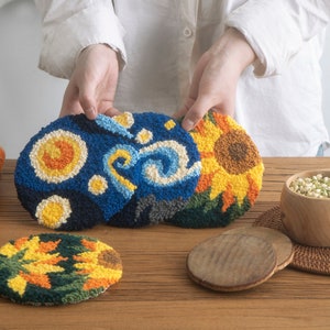 Starry Night & Sunflower pattern Punch Needle Coaster|Punch Needle Kit|Starter Kit|DIY Beginner Kit