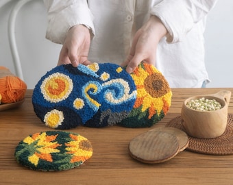 Starry Night & Sunflower pattern Punch Needle Coaster|Punch Needle Kit|Starter Kit|DIY Beginner Kit