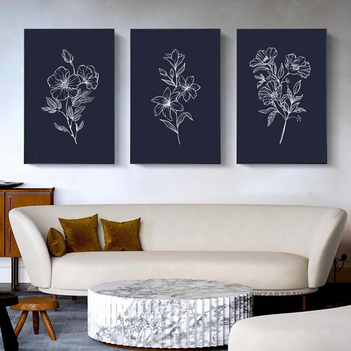 Set of 3 Blue and White Flower Art Print Digital Download Etsy