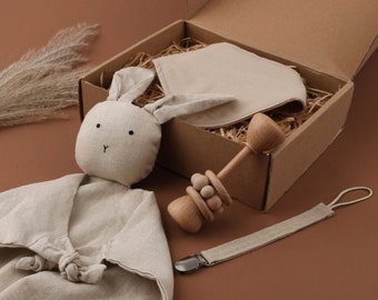 Baby Geschenkbox | Schmusetuch | Baby-Geschenk | Neugeborenengeschenk | Baby Party | Neugeborenen | Geschenk zur Geburt | Holzspielzeug