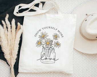 Vintage Style Floral Cotton Canvas Tote Bag,  Everyday Shoulder Grocery Bag, Reusable Eco Friendly Bag, Cute Minimalist Flower Tote