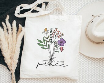 Vintage Style Floral Cotton Canvas Tote Bag,  Everyday Shoulder Grocery Bag, Reusable Eco Friendly Bag, Cute Minimalist Flower Tote