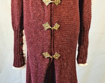 Long Burgundy Knitted Coat Cardigan with Handknit Trim