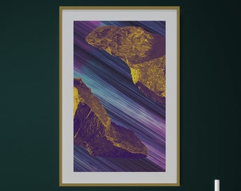 Puede incluir: Una impresión de arte abstracto enmarcada con un fondo morado y azul y formaciones rocosas de color dorado. La impresión está colgada en una pared verde oscuro.