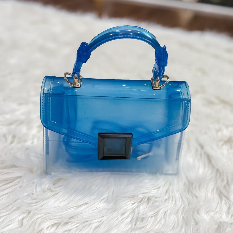 Clear Vinyl Blue Trim Open Top Tote Bag Purse Jelly Beach Shopping Security 