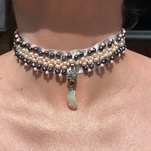 Ethiopian fire opal pendant with white and blue sweet water pearls pink coral necklace and earrings set