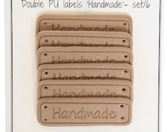 Double PU Labels "Handmade" - Set/6  Farbe Apricot  5 x 1,5 cm