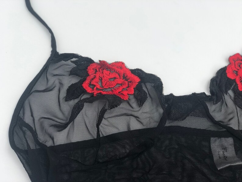 Vintage Sheer Black with Red Rose Fringe Chemise