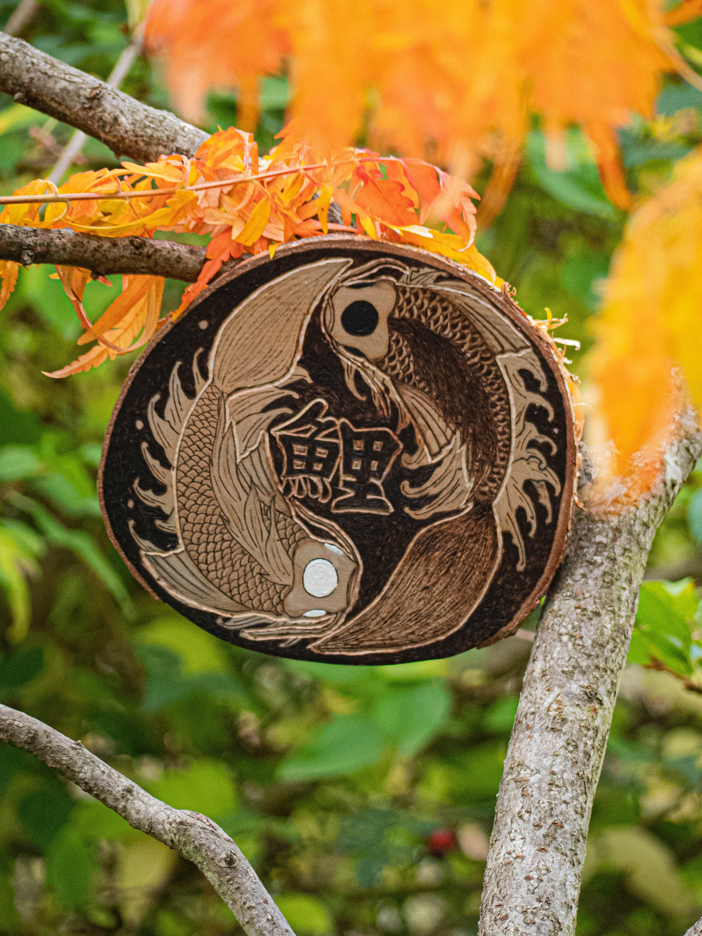 Tableau Carpe Kanji Japonais Pyrogravure