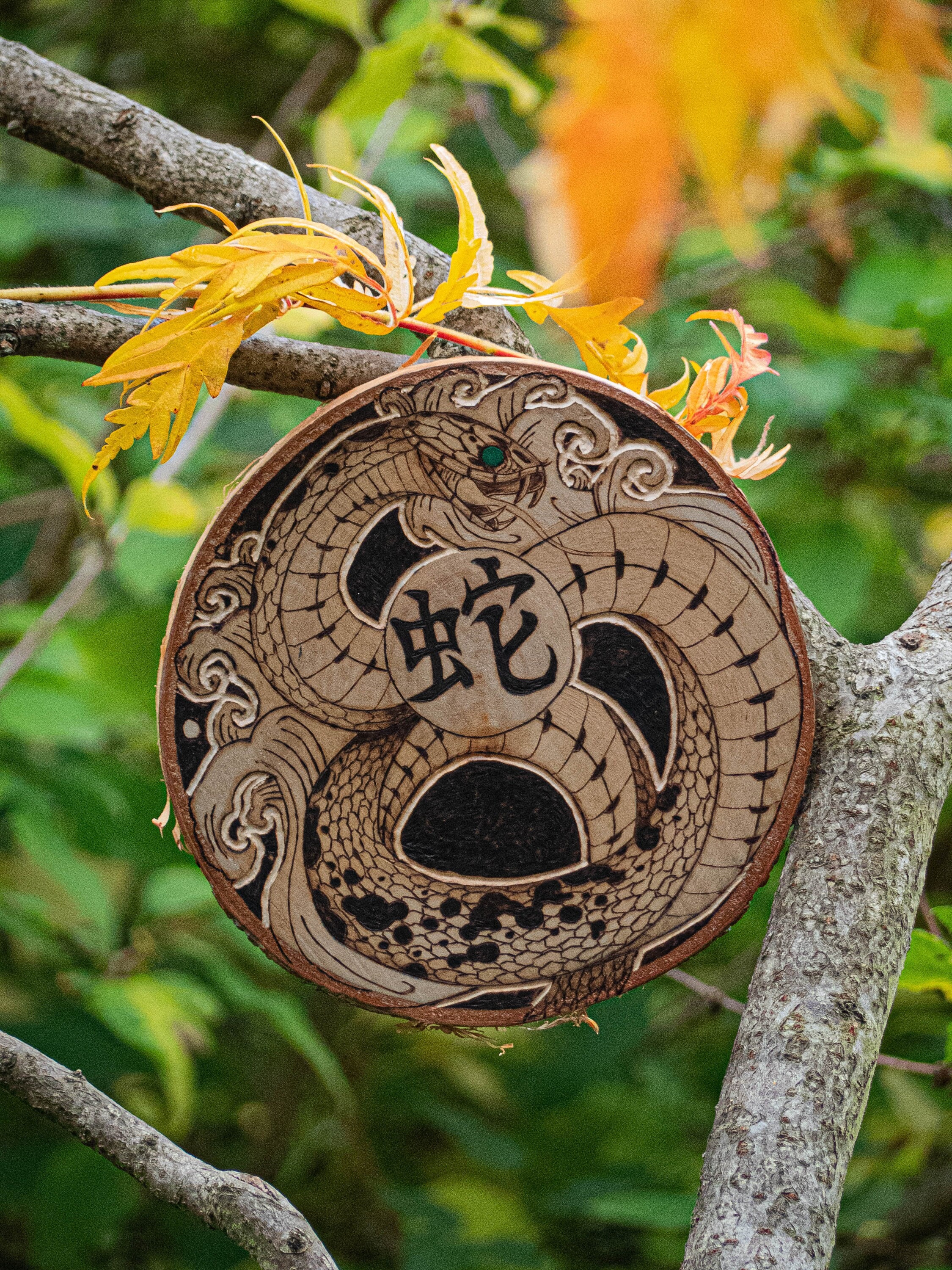 Tableau Serpent Kanji Japonais Pyrogravure