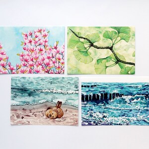 Cartes postales « Saisons » | Aquarelle | Hiver | Impression océan | Impression d'art nature | Printemps | Magnolia | Été | Sceau | Automne | Ginkgo
