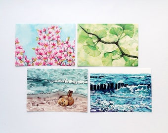 Postcards “Seasons” | Watercolor Painting | Winter | Ocean Print | Nature Art Print | Spring | Magnolia | Summer | Seal | Fall | Ginko