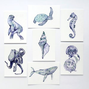 Postcards “Sea Creatures” | Watercolor Painting | Fantasy Art Prints | Octopus | Whale | Seal | Shell | Jellyfish | Sea Turtle | Seahorse