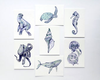 Postcards “Sea Creatures” | Watercolor Painting | Fantasy Art Prints | Octopus | Whale | Seal | Shell | Jellyfish | Sea Turtle | Seahorse